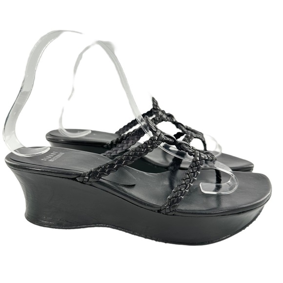 Stuart Weitzman womens sandals 8 black leather braided chunky platform slides - Picture 1 of 12